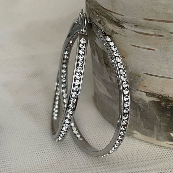 NEW Extra Large Silver Crystal Hoops Earrings - Picture 1 of 10